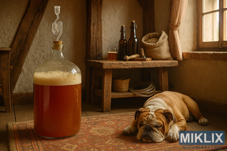 Glass carboy of fermenting ale in a rustic European home brewing setting with a bulldog sleeping on a patterned rug nearby.