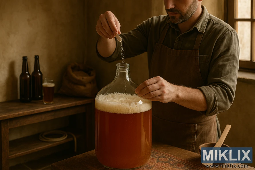 A homebrewer in a rustic European setting pitches dry yeast into a glass carboy filled with amber wort, preparing for fermentation.