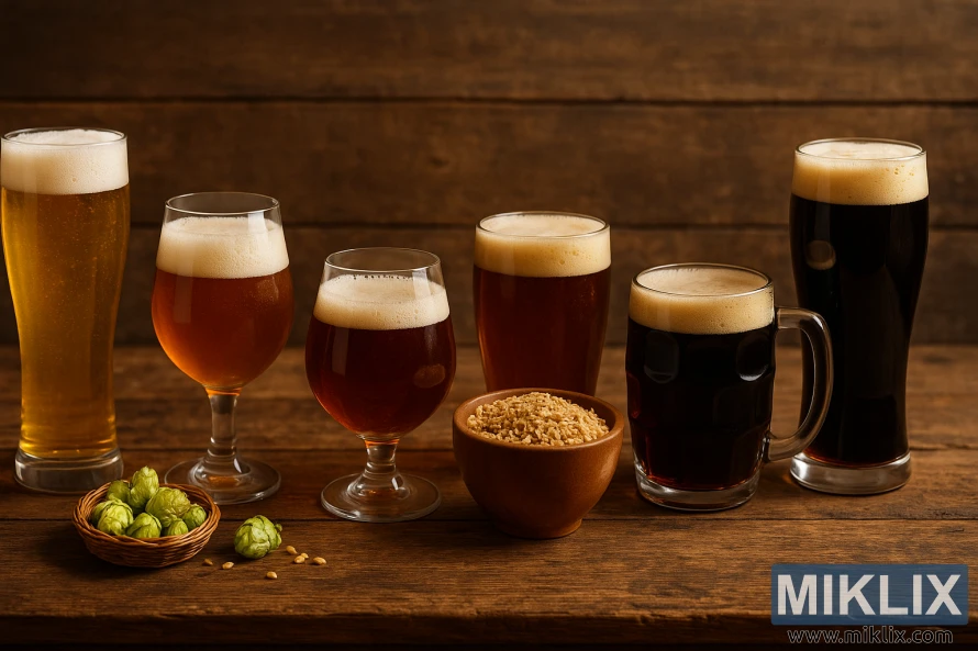 Seven glasses of European ales from light blonde to dark stout arranged on a rustic wooden table with hops and malted barley in the foreground.