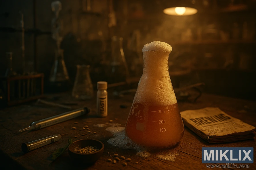 An Erlenmeyer flask overflows with foamy fermentation on a dimly lit wooden lab bench, surrounded by a hydrometer, yeast vial, and a worn brewing manual.