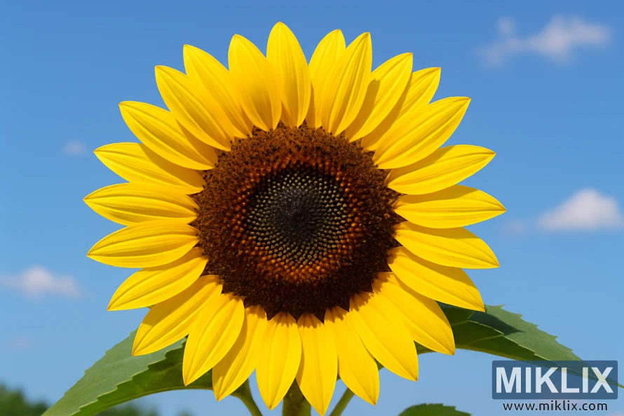 Krupni plan suncokreta Sunspot sa jarko žutim laticama koje okružuju čokoladno-braon, semenom ispunjen centar pod vedrim plavim letnjim nebom. Krupni plan suncokreta Sunspot sa jarko žutim laticama koje okružuju čokoladno-braon, semenom ispunjen centar pod vedrim plavim letnjim nebom.