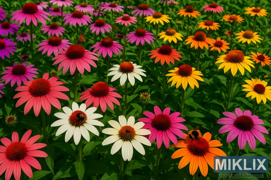 Landscape photo of a vibrant field of multicolored Echinacea coneflowers with bees and a butterfly among pink, purple, white, yellow, and orange blooms. Landscape photo of a vibrant field of multicolored Echinacea coneflowers with bees and a butterfly among pink, purple, white, yellow, and orange blooms.