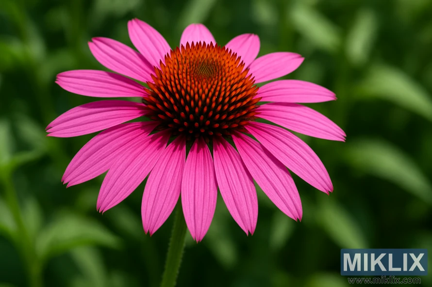 Close-up photo of a Magnus Superior coneflower with vibrant magenta-pink petals and a bold orange-brown center against a soft green background. Close-up photo of a Magnus Superior coneflower with vibrant magenta-pink petals and a bold orange-brown center against a soft green background.