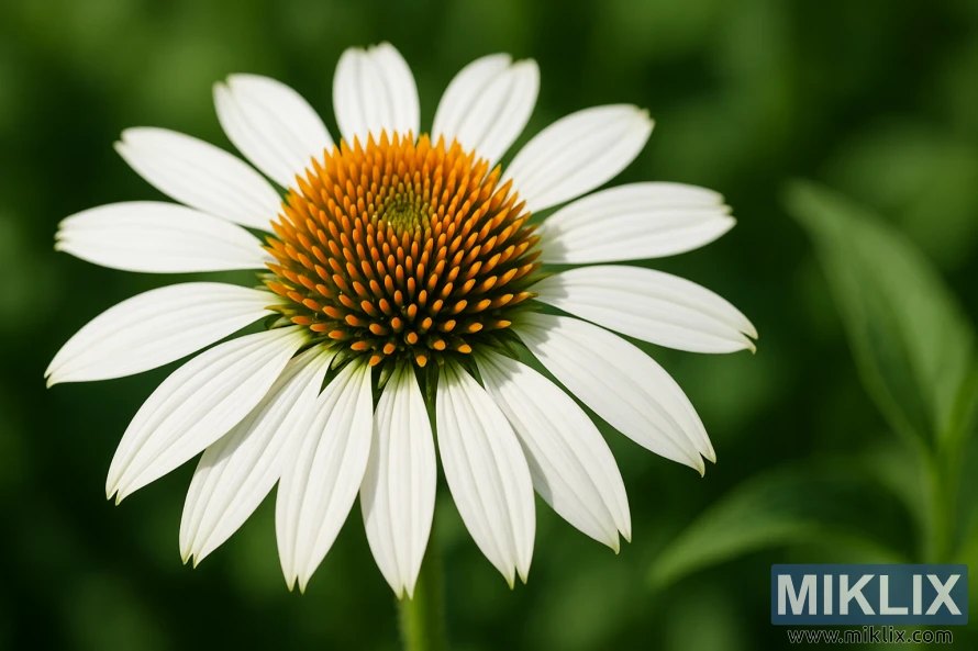 Close-up image of a White Swan coneflower with pure white petals and a golden-orange central cone against a soft green background. Close-up image of a White Swan coneflower with pure white petals and a golden-orange central cone against a soft green background.
