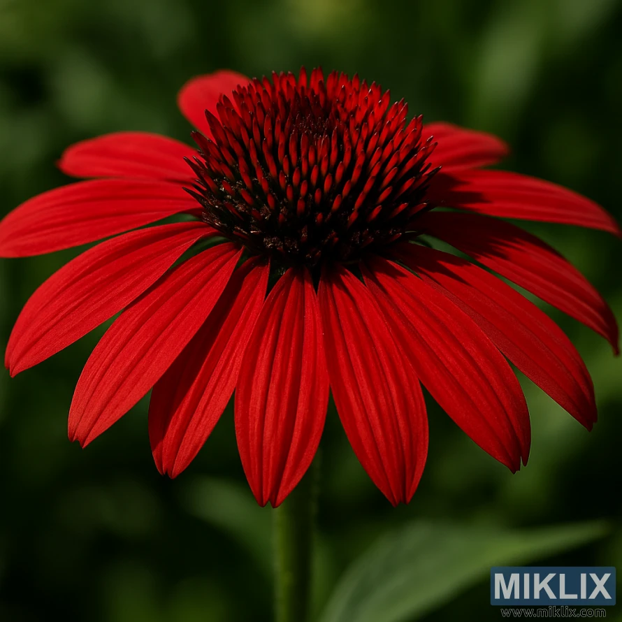 Close-up photo of a Sombrero Salsa Red coneflower with vibrant red petals and a dark central cone against a blurred green background. Close-up photo of a Sombrero Salsa Red coneflower with vibrant red petals and a dark central cone against a blurred green background.
