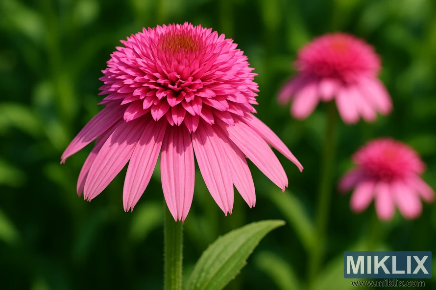 Close-up photo of a Butterfly Kisses coneflower with double pink pompom blooms on a bright summer day, set against a soft green background. Close-up photo of a Butterfly Kisses coneflower with double pink pompom blooms on a bright summer day, set against a soft green background.
