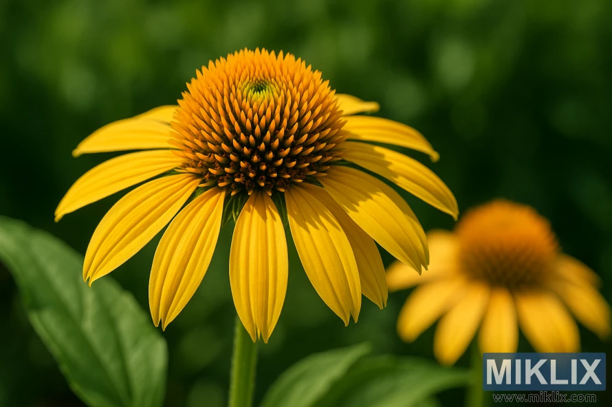 Close-up photo of a Harvest Moon coneflower with golden-yellow petals and an amber center cone on a bright summer day. Close-up photo of a Harvest Moon coneflower with golden-yellow petals and an amber center cone on a bright summer day.