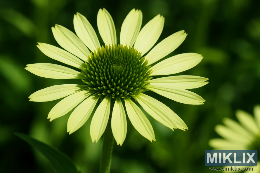 Close-up photo of a Green Jewel coneflower with light green petals and a darker green center cone on a bright summer day. Close-up photo of a Green Jewel coneflower with light green petals and a darker green center cone on a bright summer day.
