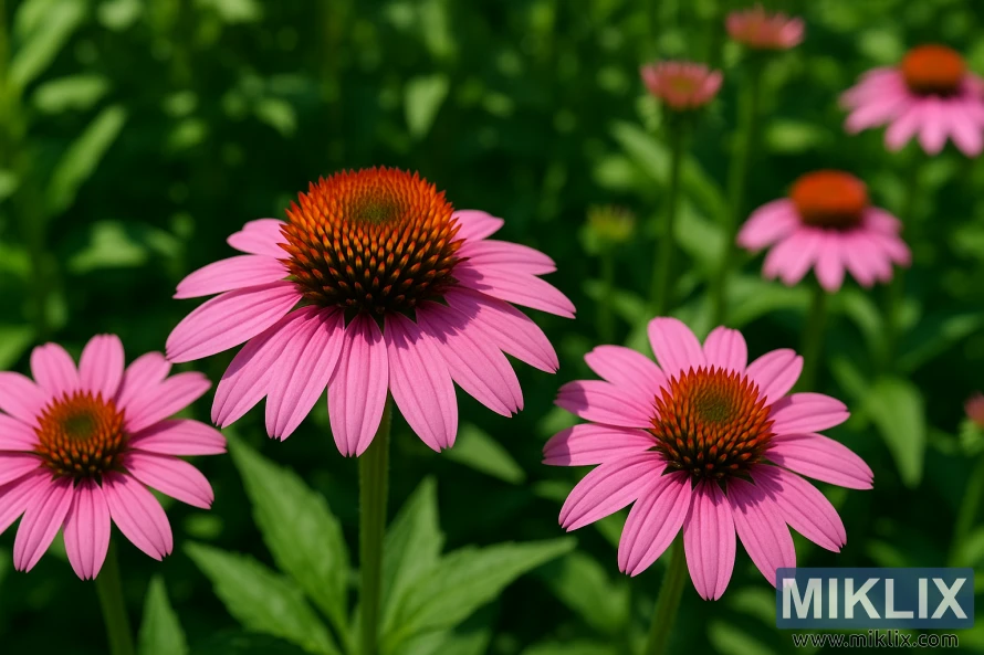 Close-up photo of Kim’s Knee High coneflowers with vibrant pink-purple petals and coppery centers on compact plants in summer sunlight. Close-up photo of Kim’s Knee High coneflowers with vibrant pink-purple petals and coppery centers on compact plants in summer sunlight.