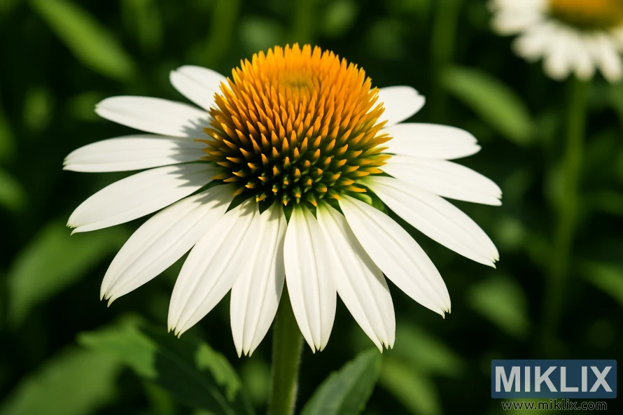 Close-up photo of a Fragrant Angel coneflower with white horizontal petals and a golden-yellow center cone on a sunny summer day. Close-up photo of a Fragrant Angel coneflower with white horizontal petals and a golden-yellow center cone on a sunny summer day.