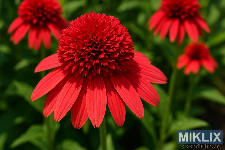 Close-up photo of a Double Scoop Cranberry coneflower with vibrant double red pompom blooms against a green summer background. Close-up photo of a Double Scoop Cranberry coneflower with vibrant double red pompom blooms against a green summer background.