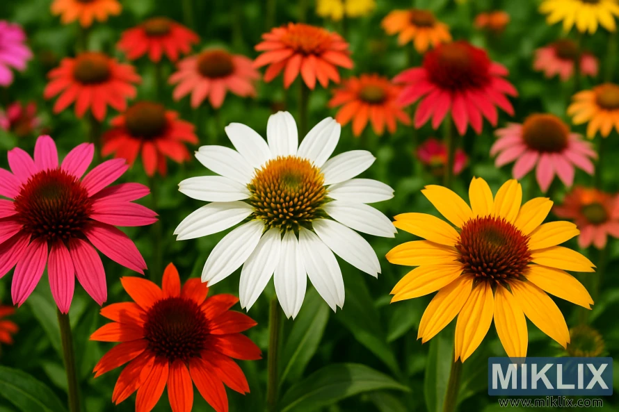 Close-up photo of Cheyenne Spirit coneflowers in mixed colors — red, orange, yellow, pink, and white — in full bloom on a bright summer day. Close-up photo of Cheyenne Spirit coneflowers in mixed colors — red, orange, yellow, pink, and white — in full bloom on a bright summer day.