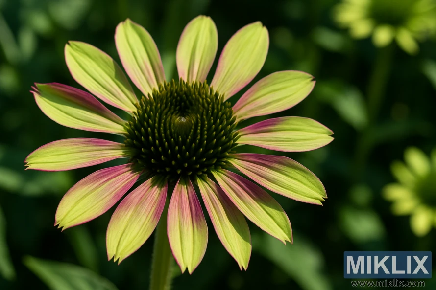 Close-up photo of a Green Envy coneflower with light green petals transitioning to magenta edges around a dark green cone. Close-up photo of a Green Envy coneflower with light green petals transitioning to magenta edges around a dark green cone.
