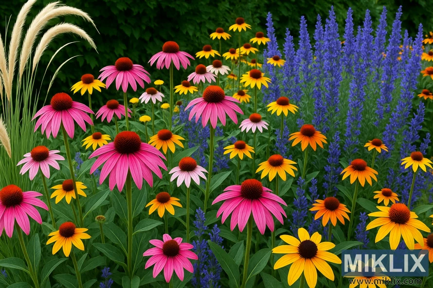 Landscape close-up of a vibrant summer garden with pink and purple coneflowers and yellow-orange black-eyed Susans among feathery grasses and blue spiky perennials. Landscape close-up of a vibrant summer garden with pink and purple coneflowers and yellow-orange black-eyed Susans among feathery grasses and blue spiky perennials.