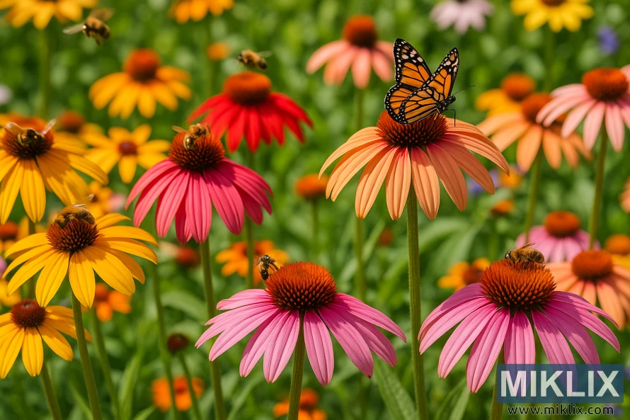 Landscape close-up of pink, orange, red, and yellow coneflowers with bees and a butterfly visiting the domed centers in bright summer sunlight. Landscape close-up of pink, orange, red, and yellow coneflowers with bees and a butterfly visiting the domed centers in bright summer sunlight.