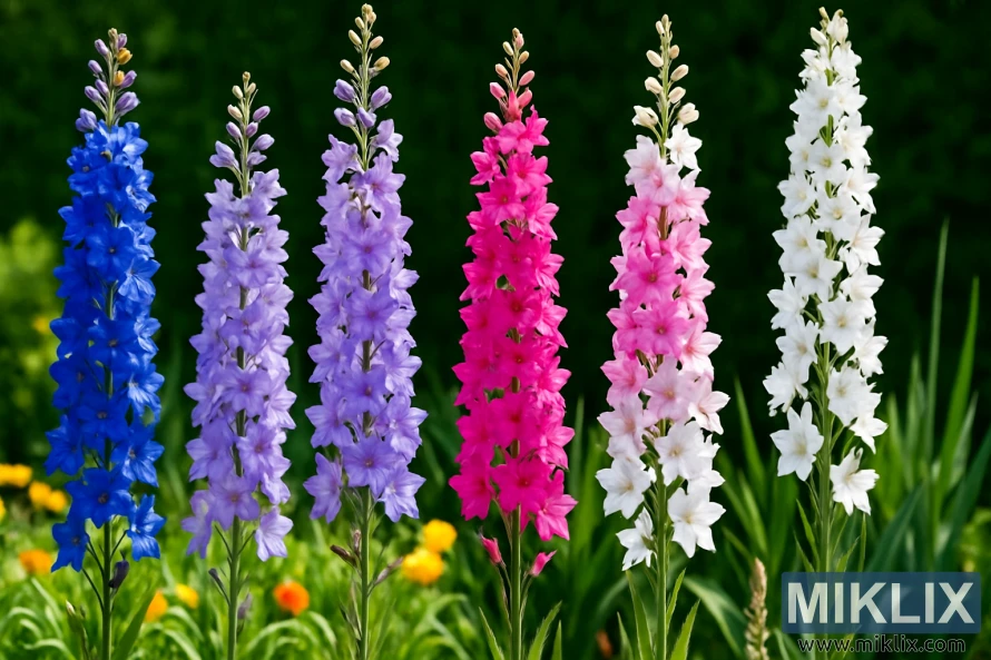 Landscape photo of tall delphinium flower spikes in blue, lavender, pink, and white rising above lush green foliage in a sunlit garden. Landscape photo of tall delphinium flower spikes in blue, lavender, pink, and white rising above lush green foliage in a sunlit garden.