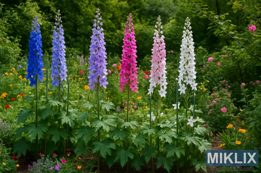 Vibrant delphinium spikes in blue, lavender, pink, and white growing with proper spacing and support in a cottage-style garden surrounded by lush greenery and companion flowers. Vibrant delphinium spikes in blue, lavender, pink, and white growing with proper spacing and support in a cottage-style garden surrounded by lush greenery and companion flowers.