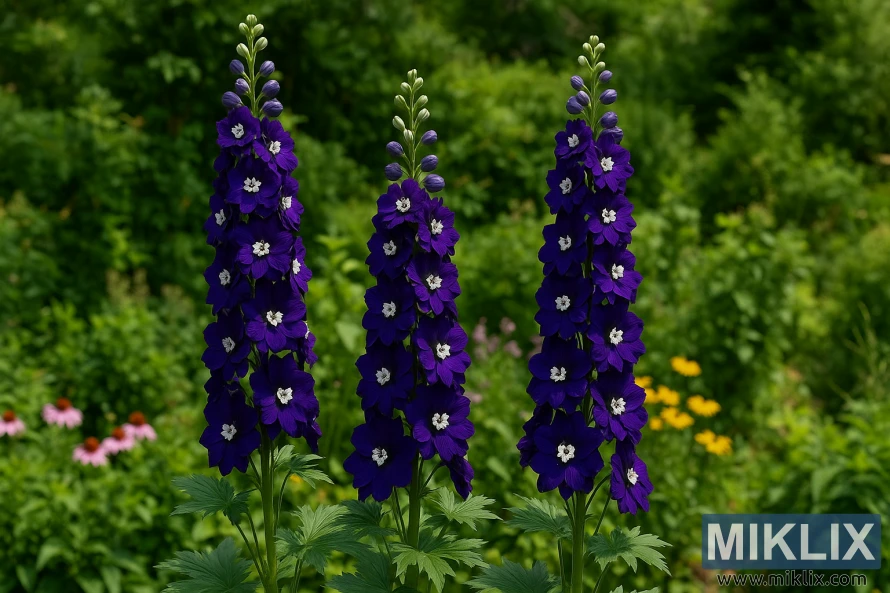 Deep purple-blue Delphinium 'Black Knight' flower spikes with striking white bee centers rising above green foliage in a cottage-style garden. Deep purple-blue Delphinium 'Black Knight' flower spikes with striking white bee centers rising above green foliage in a cottage-style garden.