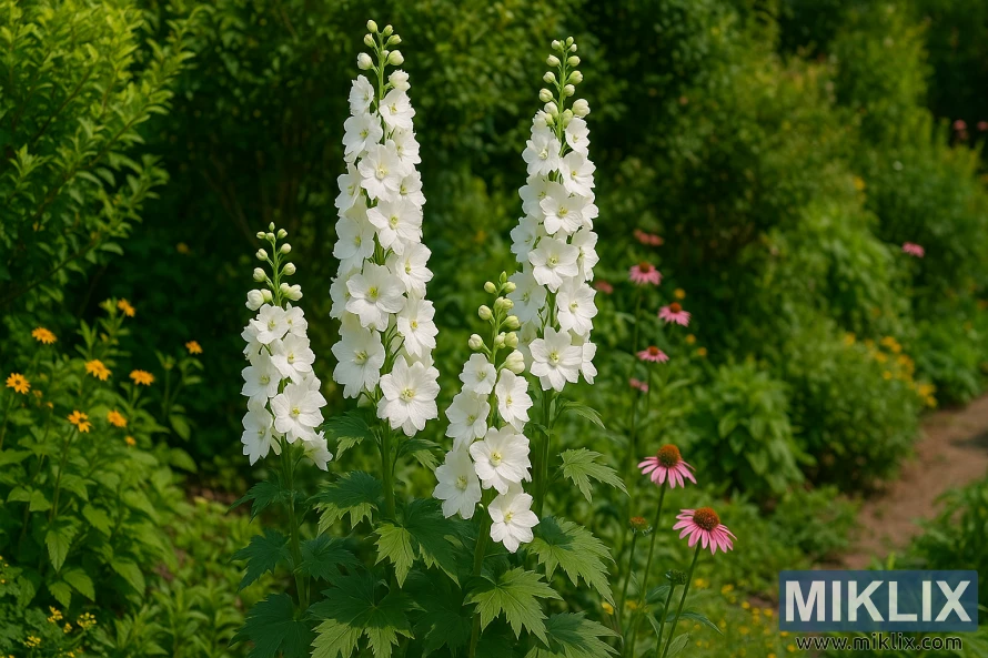 Pure white Delphinium 'Galahad' flower spikes blooming in a cottage-style garden border with green foliage, pink coneflowers, and yellow rudbeckias. Pure white Delphinium 'Galahad' flower spikes blooming in a cottage-style garden border with green foliage, pink coneflowers, and yellow rudbeckias.
