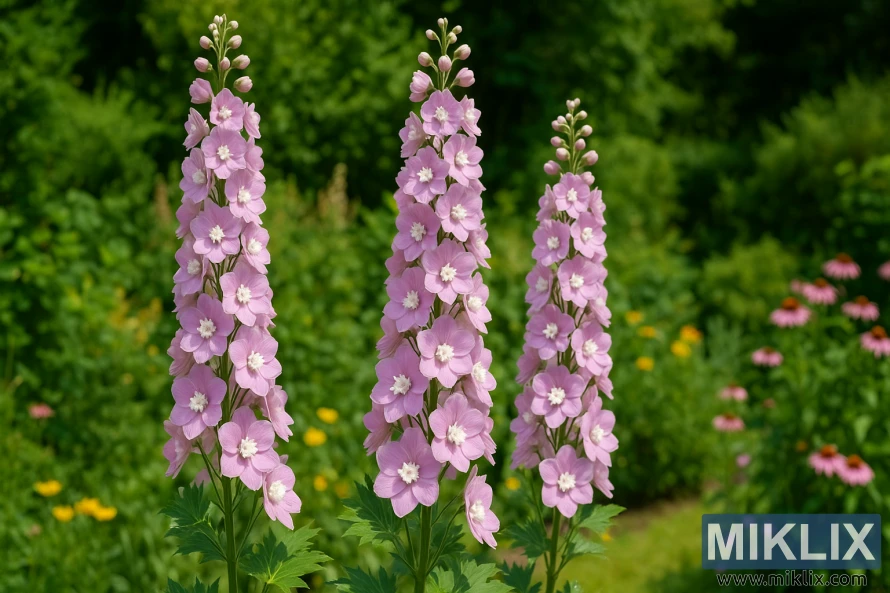 Tall spikes of Delphinium 'Guinevere' with soft lavender-pink flowers and white bee centers rising above lush green foliage in a cottage-style garden. Tall spikes of Delphinium 'Guinevere' with soft lavender-pink flowers and white bee centers rising above lush green foliage in a cottage-style garden.