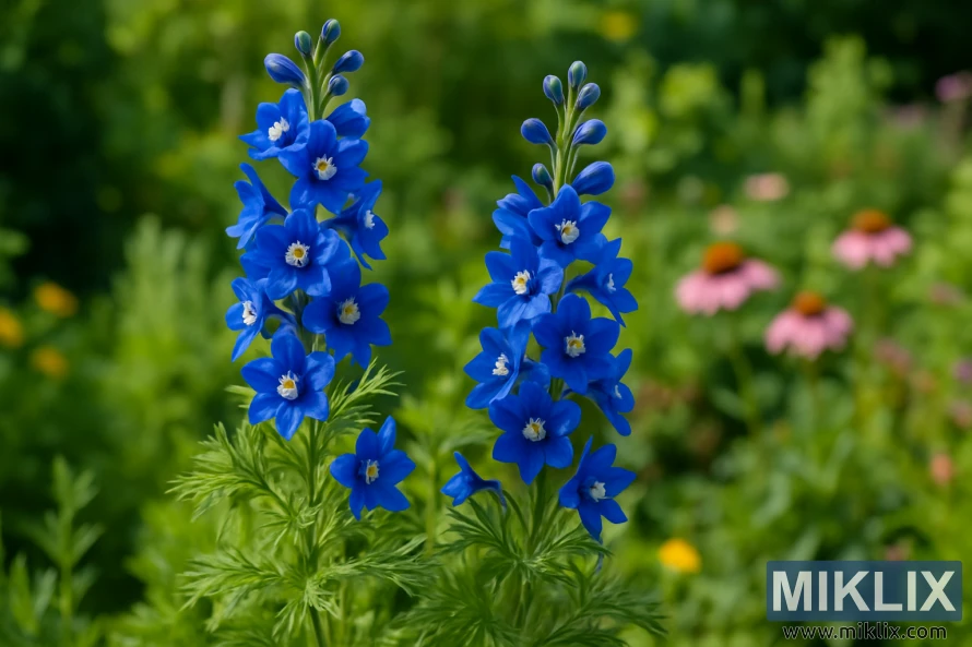 Close-up of Delphinium 'Blue Butterfly' showing bright cobalt-blue flowers with white centers and fine fern-like foliage in a cottage garden border. Close-up of Delphinium 'Blue Butterfly' showing bright cobalt-blue flowers with white centers and fine fern-like foliage in a cottage garden border.