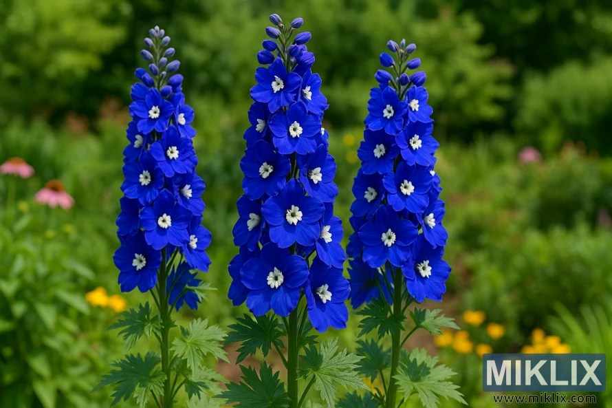 Close-up of Delphinium 'Cobalt Dreams' showing tall spikes of intense cobalt-blue flowers with striking white bee centers in a cottage-style garden. Close-up of Delphinium 'Cobalt Dreams' showing tall spikes of intense cobalt-blue flowers with striking white bee centers in a cottage-style garden.