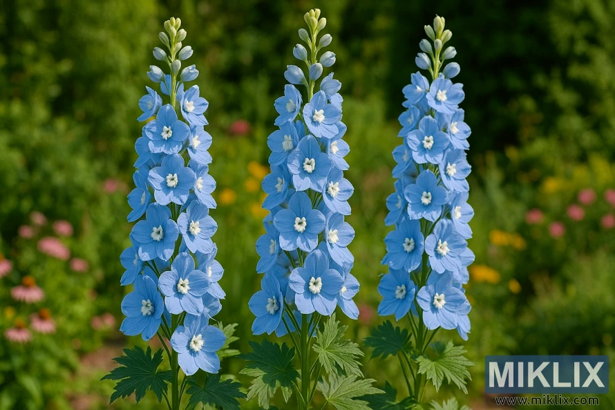 Close-up of Delphinium 'Summer Skies' showing tall spikes of soft sky-blue flowers with white bee centers in a cottage-style garden. Close-up of Delphinium 'Summer Skies' showing tall spikes of soft sky-blue flowers with white bee centers in a cottage-style garden.