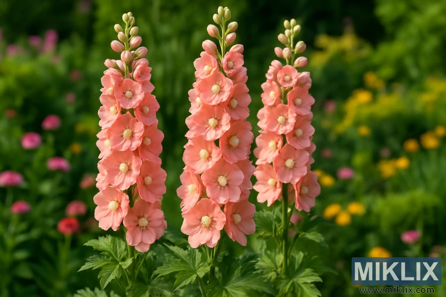 Close-up of Delphinium 'Princess Caroline' showing tall spikes of soft salmon-pink flowers rising above lush green foliage in a cottage-style garden. Close-up of Delphinium 'Princess Caroline' showing tall spikes of soft salmon-pink flowers rising above lush green foliage in a cottage-style garden.
