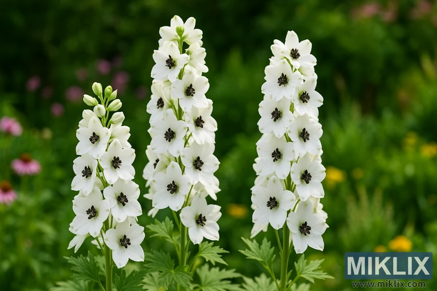 Close-up of Delphinium 'Magic Fountains White' showing tall spikes of pure white flowers with dramatic black centers in a cottage-style garden. Close-up of Delphinium 'Magic Fountains White' showing tall spikes of pure white flowers with dramatic black centers in a cottage-style garden.