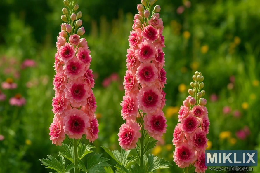 Close-up of Delphinium 'Highlander Flamenco' showing tall spikes of ruffled pink and raspberry flowers rising above green foliage in a cottage-style garden. Close-up of Delphinium 'Highlander Flamenco' showing tall spikes of ruffled pink and raspberry flowers rising above green foliage in a cottage-style garden.