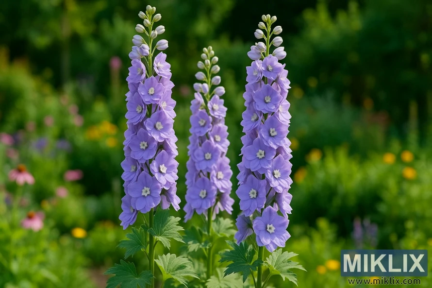 Close-up of Delphinium 'Aurora Lavender' showing tall spikes of lavender-blue flowers with white centers in a cottage-style garden border. Close-up of Delphinium 'Aurora Lavender' showing tall spikes of lavender-blue flowers with white centers in a cottage-style garden border.