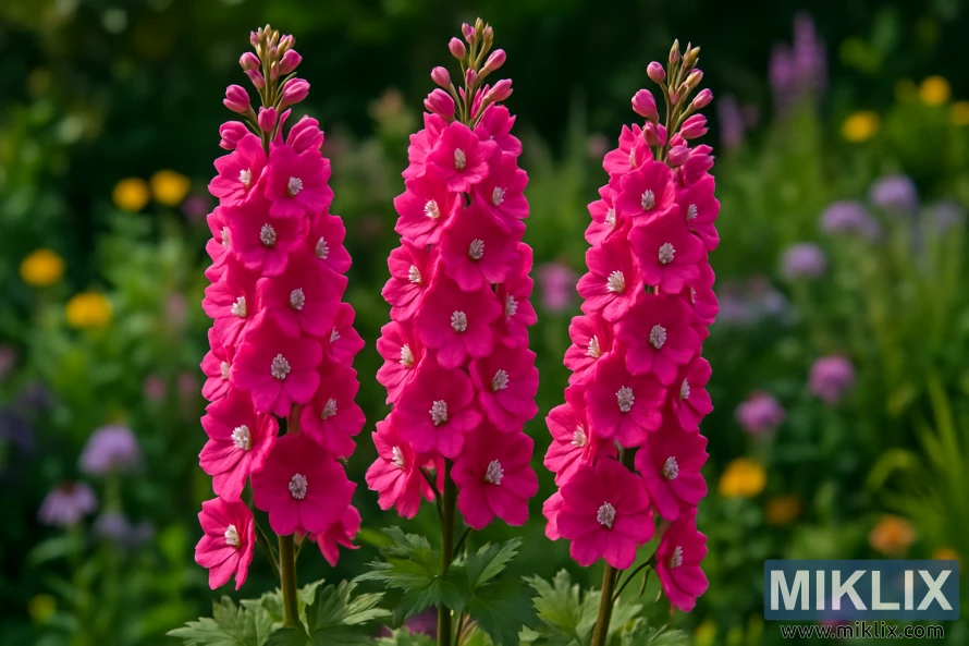 Close-up of Delphinium 'Pink Punch' showing tall spikes of vivid pink flowers with white centers in a cottage-style garden border. Close-up of Delphinium 'Pink Punch' showing tall spikes of vivid pink flowers with white centers in a cottage-style garden border.
