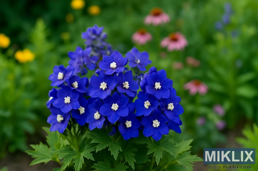 Close-up of Delphinium 'Delphina Dark Blue White Bee' showing clusters of deep blue flowers with white centers in a compact, bushy form. Close-up of Delphinium 'Delphina Dark Blue White Bee' showing clusters of deep blue flowers with white centers in a compact, bushy form.
