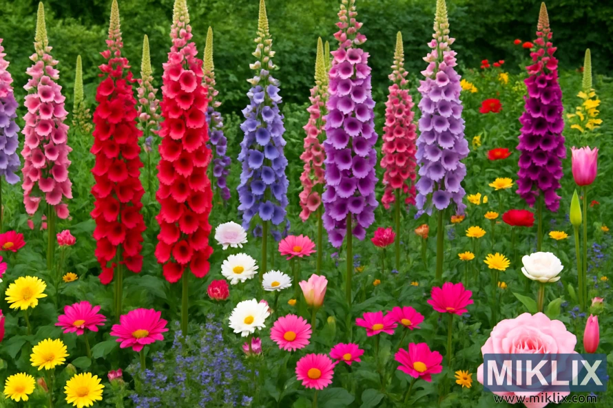 A colorful garden filled with tall foxgloves and a variety of daisies, gerberas, and roses under bright daylight. A colorful garden filled with tall foxgloves and a variety of daisies, gerberas, and roses under bright daylight.
