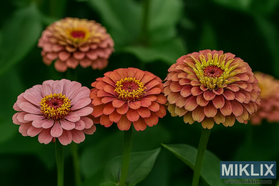 Landscape image of Queen Red Lime zinnia flowers with layered petals in burgundy, pink, and lime green hues Landscape image of Queen Red Lime zinnia flowers with layered petals in burgundy, pink, and lime green hues