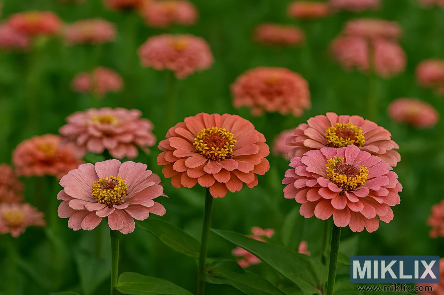 Landscape image of Oklahoma series zinnia flowers in salmon and pink shades with green foliage background Landscape image of Oklahoma series zinnia flowers in salmon and pink shades with green foliage background