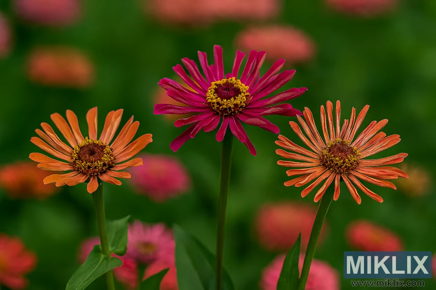 Landscape image of cactus-flowered zinnias with quilled petals in orange, magenta, and coral hues against green foliage Landscape image of cactus-flowered zinnias with quilled petals in orange, magenta, and coral hues against green foliage