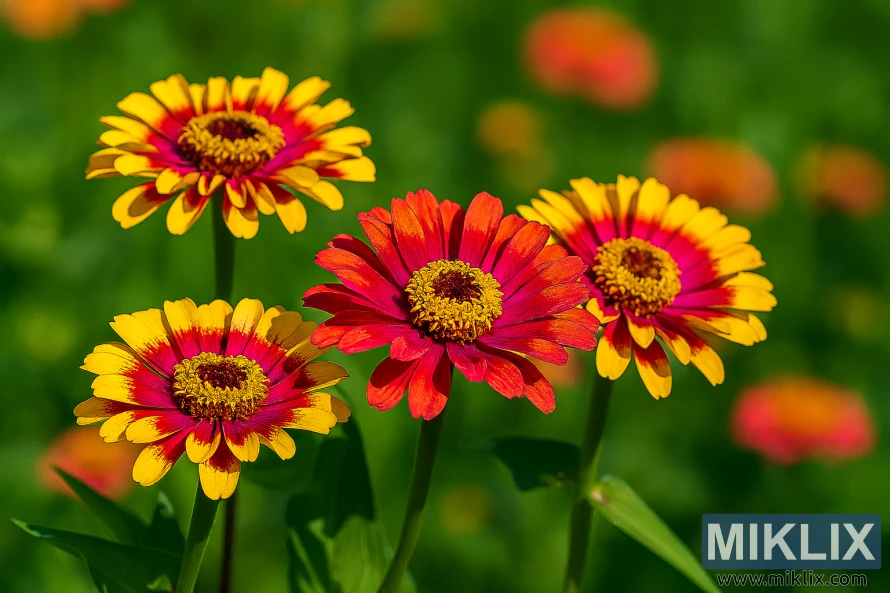 Landscape image of Zowie! Yellow Flame zinnias with bicolor magenta and yellow petals under bright summer sunlight Landscape image of Zowie! Yellow Flame zinnias with bicolor magenta and yellow petals under bright summer sunlight