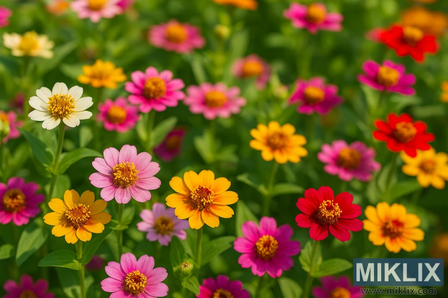 Close-up landscape photo of Thumbelina dwarf zinnias in multiple colors including white, pink, yellow, red, and magenta on a bright summer day Close-up landscape photo of Thumbelina dwarf zinnias in multiple colors including white, pink, yellow, red, and magenta on a bright summer day