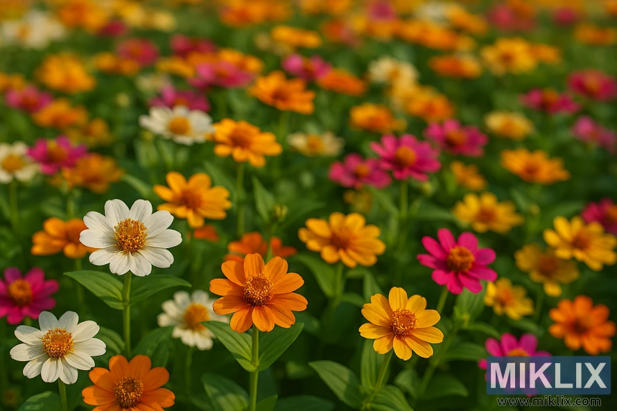 Landscape photo of Profusion series zinnias in multiple colors including white, orange, yellow, pink, and coral on a bright summer day Landscape photo of Profusion series zinnias in multiple colors including white, orange, yellow, pink, and coral on a bright summer day