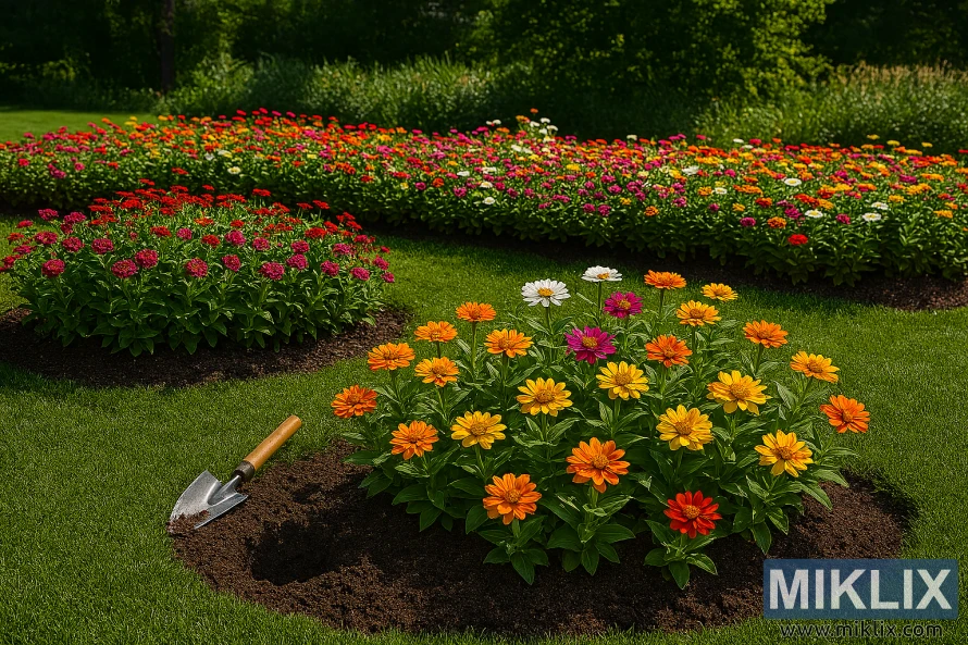 Landscape photo of a summer garden featuring colorful zinnia varieties arranged in circular, curved, and rectangular flower beds Landscape photo of a summer garden featuring colorful zinnia varieties arranged in circular, curved, and rectangular flower beds
