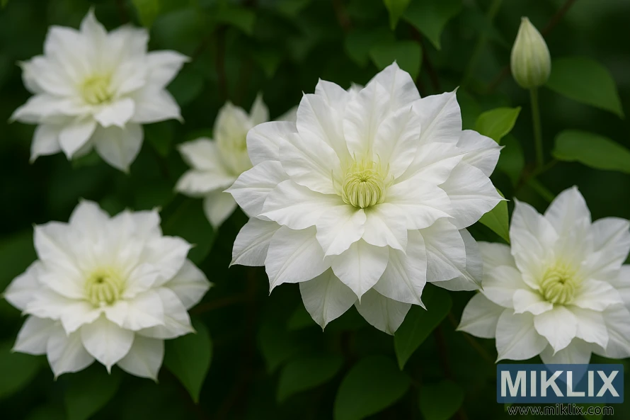 મોટા બે સફેદ ફૂલો અને લીલાછમ પાંદડા સાથે ક્લેમેટિસ 'ડચેસ ઓફ એડિનબર્ગ' નું વિગતવાર ક્લોઝ-અપ. મોટા બે સફેદ ફૂલો અને લીલાછમ પાંદડા સાથે ક્લેમેટિસ 'ડચેસ ઓફ એડિનબર્ગ' નું વિગતવાર ક્લોઝ-અપ.