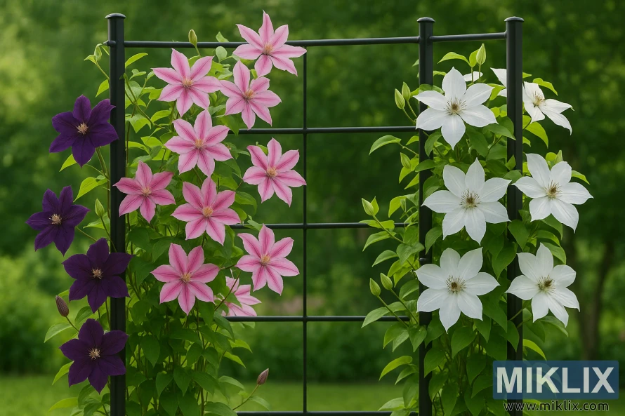 જાંબલી, ગુલાબી અને સફેદ રંગની જીવંત ક્લેમેટિસ જાતો, પૃષ્ઠભૂમિમાં લીલાછમ પર્ણસમૂહ સાથે બગીચાના જાફરી પર ચઢી રહી છે. જાંબલી, ગુલાબી અને સફેદ રંગની જીવંત ક્લેમેટિસ જાતો, પૃષ્ઠભૂમિમાં લીલાછમ પર્ણસમૂહ સાથે બગીચાના જાફરી પર ચઢી રહી છે.