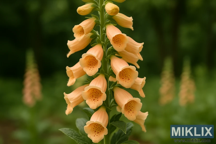 అస్పష్టమైన ఆకుపచ్చ నేపథ్యంలో మృదువైన పీచు-రంగు గంట ఆకారపు పువ్వులతో సట్టన్ యొక్క అప్రికాట్ ఫాక్స్గ్లోవ్ పువ్వుల క్లోజప్. అస్పష్టమైన ఆకుపచ్చ నేపథ్యంలో మృదువైన పీచు-రంగు గంట ఆకారపు పువ్వులతో సట్టన్ యొక్క అప్రికాట్ ఫాక్స్గ్లోవ్ పువ్వుల క్లోజప్.