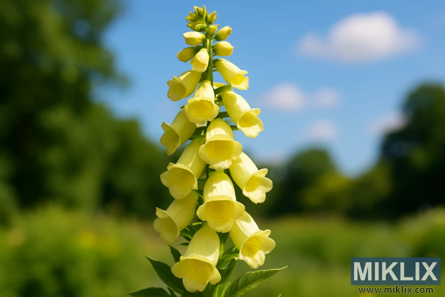 అస్పష్టమైన ఆకుపచ్చ తోట నేపథ్యంలో ప్రకాశవంతమైన వేసవి సూర్యకాంతి కింద లేత పసుపు రంగు గంట ఆకారపు పువ్వులతో పసుపు ఫాక్స్గ్లోవ్ యొక్క క్లోజప్. అస్పష్టమైన ఆకుపచ్చ తోట నేపథ్యంలో ప్రకాశవంతమైన వేసవి సూర్యకాంతి కింద లేత పసుపు రంగు గంట ఆకారపు పువ్వులతో పసుపు ఫాక్స్గ్లోవ్ యొక్క క్లోజప్.