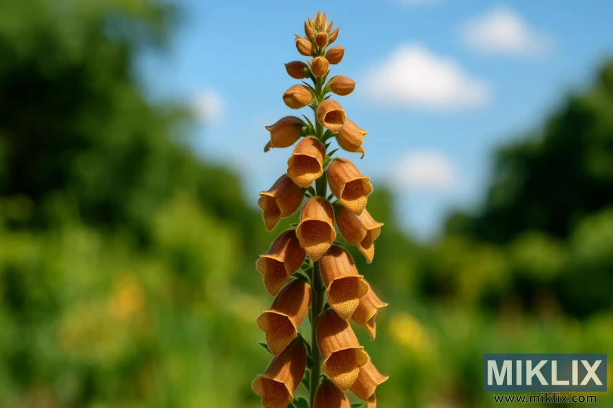 పచ్చని తోటలో ప్రకాశవంతమైన వేసవి సూర్యకాంతి కింద రాగి రంగు గంట ఆకారపు పువ్వులు మరియు మచ్చల గొంతులతో తుప్పుపట్టిన ఫాక్స్గ్లోవ్ యొక్క క్లోజప్. పచ్చని తోటలో ప్రకాశవంతమైన వేసవి సూర్యకాంతి కింద రాగి రంగు గంట ఆకారపు పువ్వులు మరియు మచ్చల గొంతులతో తుప్పుపట్టిన ఫాక్స్గ్లోవ్ యొక్క క్లోజప్.