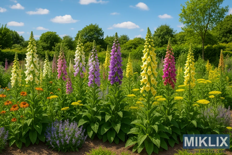 తెలుపు, పసుపు, గులాబీ మరియు ఊదా రంగులలోని పొడవైన ఫాక్స్గ్లోవ్ రకాలను, ప్రకాశవంతమైన వేసవి సూర్యకాంతి కింద యారో, క్యాట్మింట్ మరియు కోన్ఫ్లవర్స్ వంటి సహచర మొక్కలతో కలిపి ప్రదర్శించే ఉత్సాహభరితమైన తోట దృశ్యం. తెలుపు, పసుపు, గులాబీ మరియు ఊదా రంగులలోని పొడవైన ఫాక్స్గ్లోవ్ రకాలను, ప్రకాశవంతమైన వేసవి సూర్యకాంతి కింద యారో, క్యాట్మింట్ మరియు కోన్ఫ్లవర్స్ వంటి సహచర మొక్కలతో కలిపి ప్రదర్శించే ఉత్సాహభరితమైన తోట దృశ్యం.