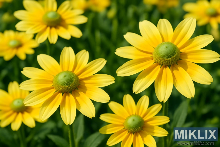 పసుపు రంగు రేకులు లేతగా మారుతూ, వేసవిలో ప్రకాశవంతమైన సూర్యకాంతిలో ఆకుపచ్చ కోన్ తో రుడ్బెకియా 'ప్రైరీ సన్' క్లోజప్. పసుపు రంగు రేకులు లేతగా మారుతూ, వేసవిలో ప్రకాశవంతమైన సూర్యకాంతిలో ఆకుపచ్చ కోన్ తో రుడ్బెకియా 'ప్రైరీ సన్' క్లోజప్.