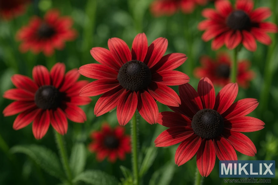 ప్రకాశవంతమైన వేసవి సూర్యకాంతిలో మెరుస్తున్న ముదురు ఎరుపు రేకులు మరియు ముదురు మధ్య భాగాలతో రుడ్బెకియా 'చెర్రీ బ్రాందీ' క్లోజప్. ప్రకాశవంతమైన వేసవి సూర్యకాంతిలో మెరుస్తున్న ముదురు ఎరుపు రేకులు మరియు ముదురు మధ్య భాగాలతో రుడ్బెకియా 'చెర్రీ బ్రాందీ' క్లోజప్.