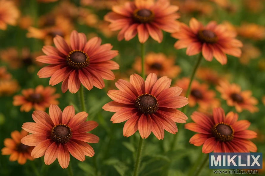 ప్రకాశవంతమైన వేసవి సూర్యకాంతి కింద రాగి, గులాబీ మరియు తుప్పుపట్టిన ఎరుపు షేడ్స్లో మృదువైన పాతకాలపు రంగు పువ్వులను చూపించే రుడ్బెకియా 'సహారా' క్లోజప్. ప్రకాశవంతమైన వేసవి సూర్యకాంతి కింద రాగి, గులాబీ మరియు తుప్పుపట్టిన ఎరుపు షేడ్స్లో మృదువైన పాతకాలపు రంగు పువ్వులను చూపించే రుడ్బెకియా 'సహారా' క్లోజప్.